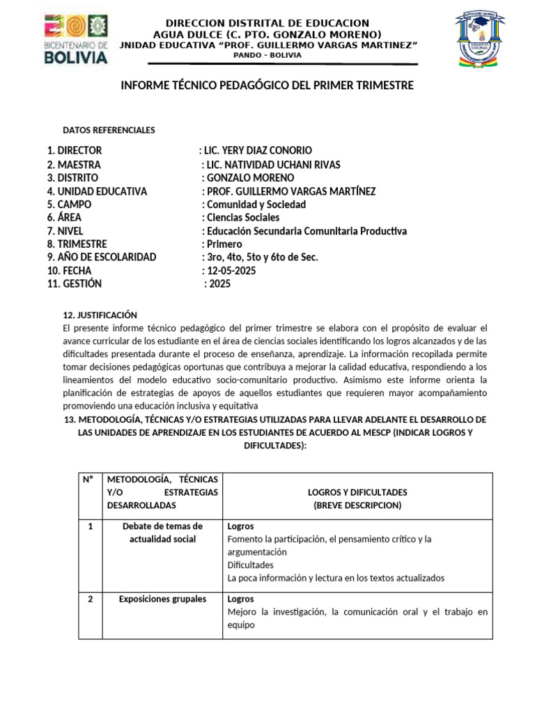 Informe Técnico Primer Trimestre 2025 | PDF | Pedagogía | Aprendizaje