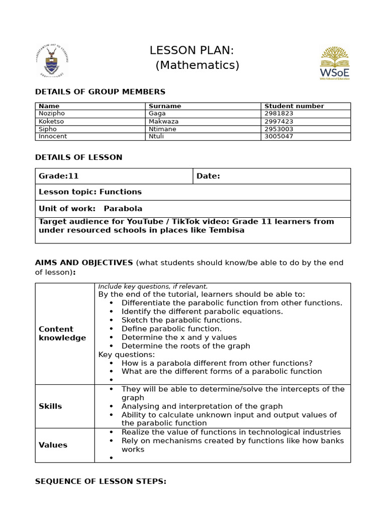 Lesson Plan (Grade 11, Parabolic Functions in Mathematics) | PDF ...