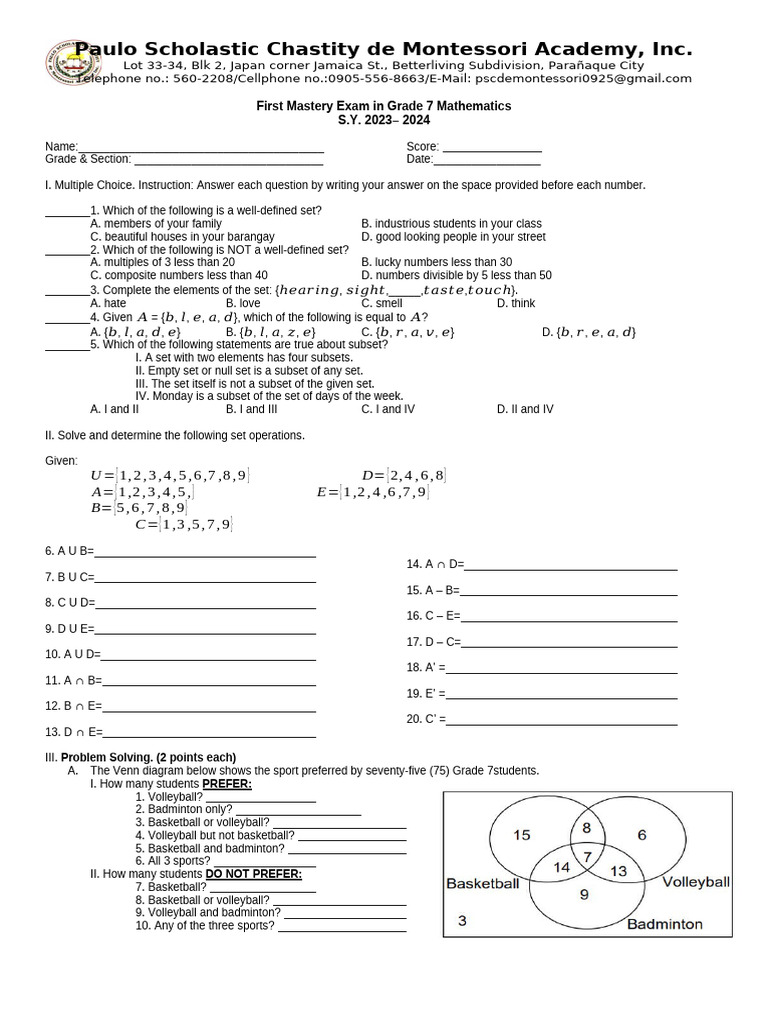 1st Mastery Test Math 7 | PDF | Mathematical Logic | Mathematical Concepts