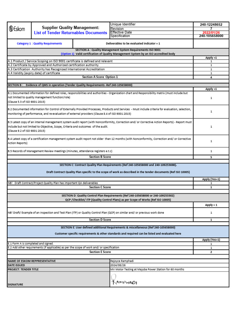 List of Tender Returnables For Testing On MV Motors | PDF | Quality ...