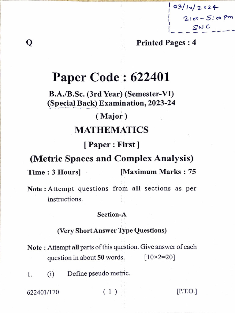 BSC Sem-6 QP Back Ms+CA 2023-24 SNC | PDF | Mathematical Analysis ...