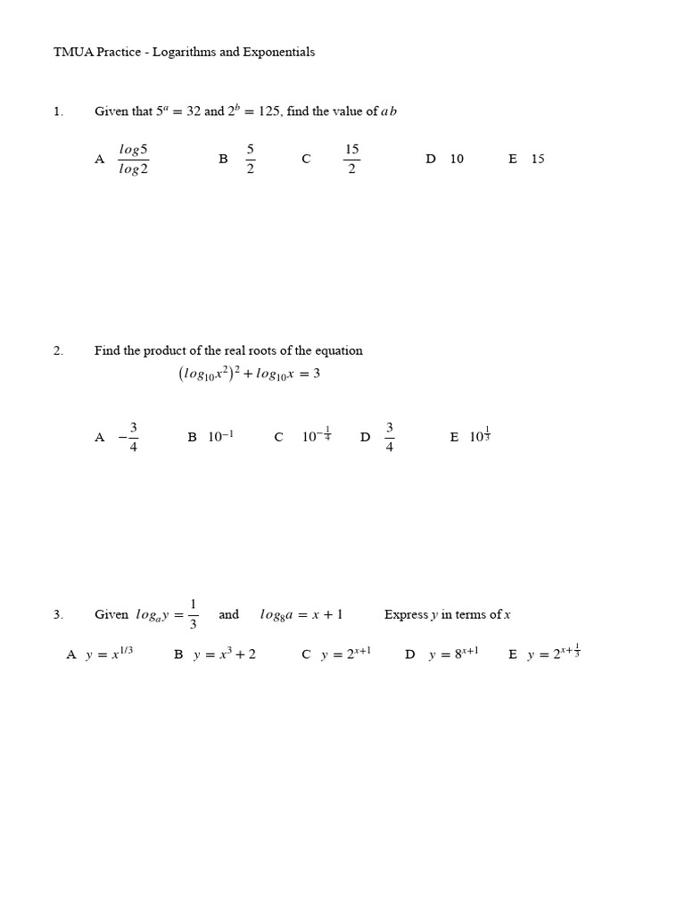 Logarithms and Exponentials Practice | PDF | Mathematical Concepts ...