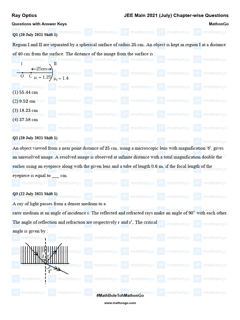 JEE Main 2021 Ray Optics Solutions | PDF | Refraction | Refractive Index