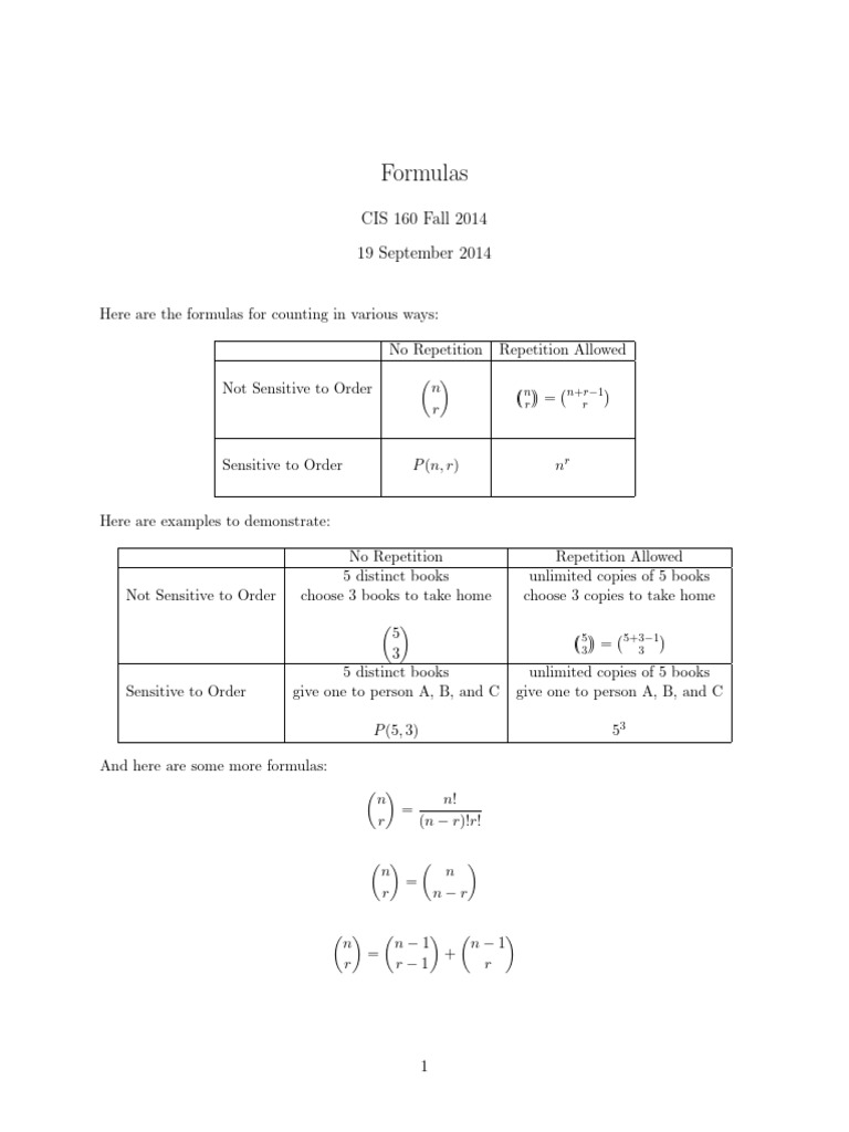 Counting Formulas for Combinatorics | PDF