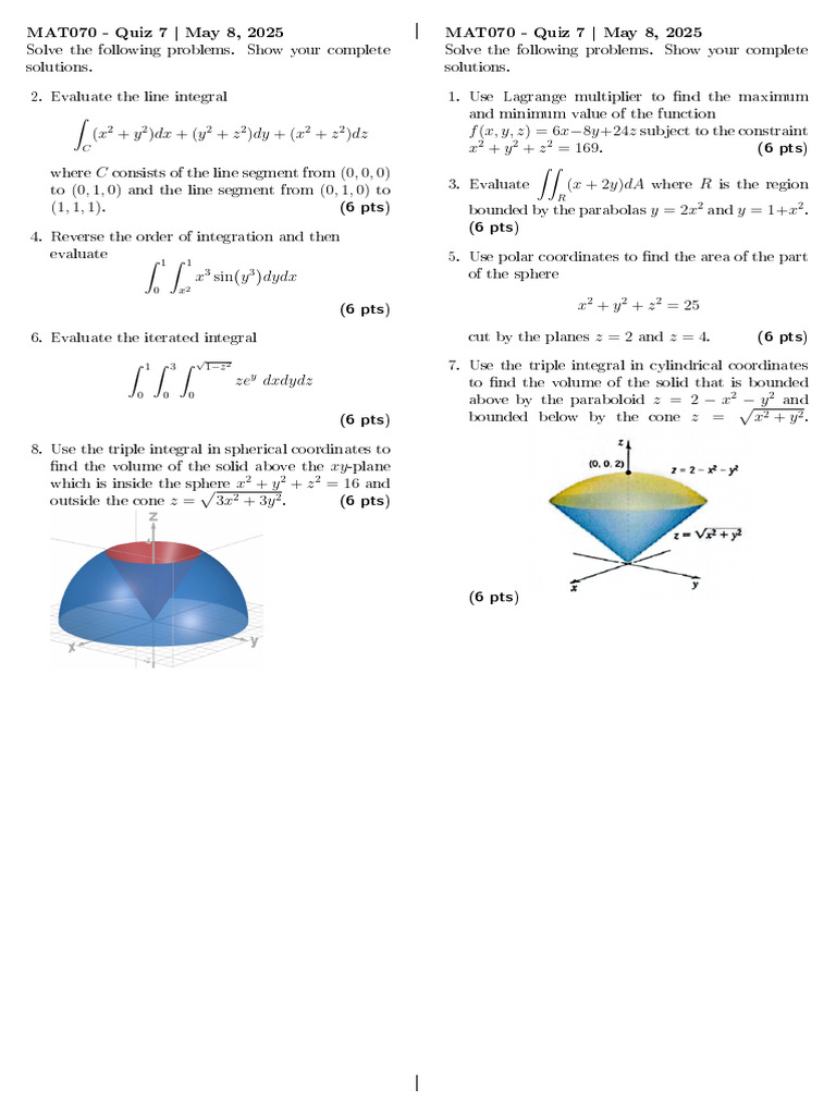 MAT070 Quiz 7: Calculus Problems | PDF | Coordinate System ...