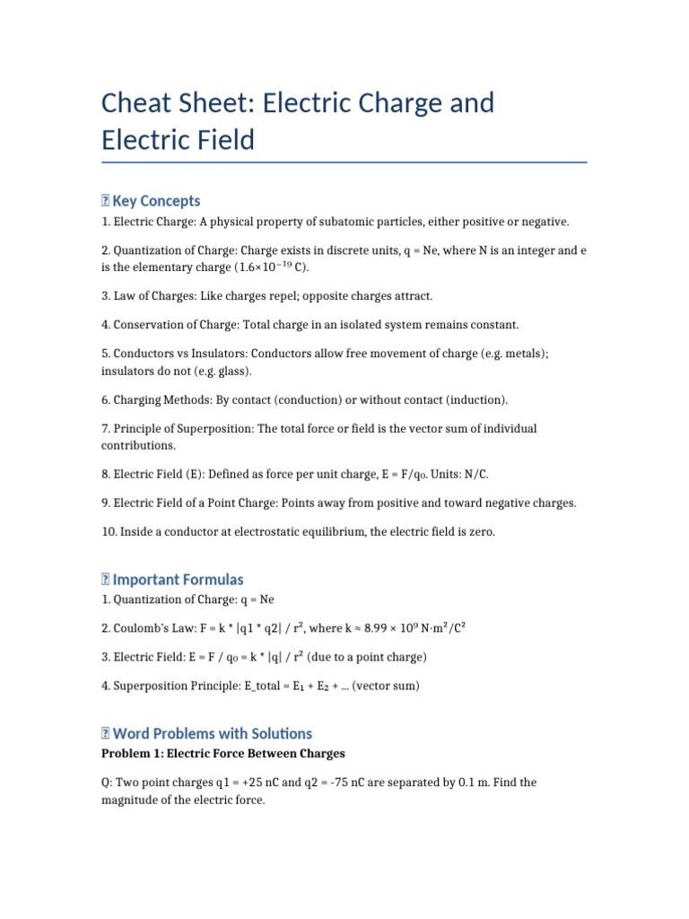 Electric Charge & Field Cheat Sheet | PDF