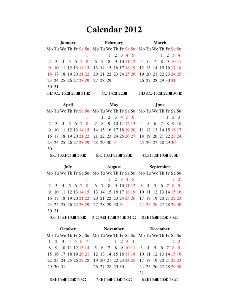 2012 Monthly Calendar Overview | PDF