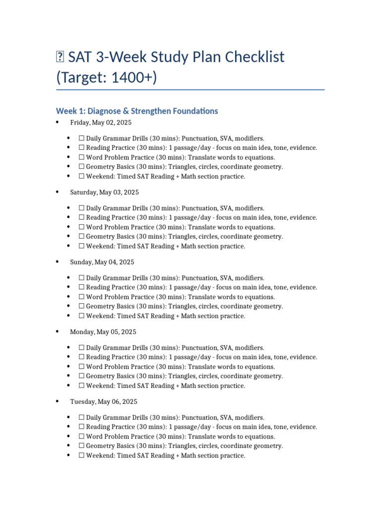 3-Week SAT Study Plan for 1400+ | PDF | Verb | Grammatical Number