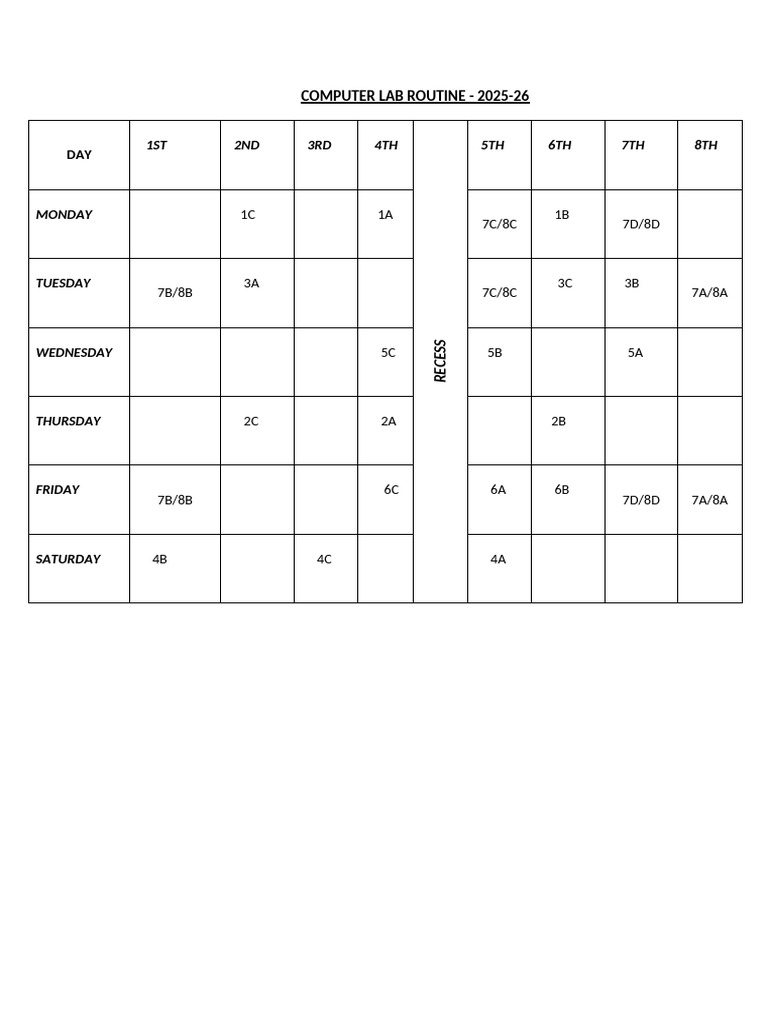 Computer Lab Schedule 2025-26 | PDF