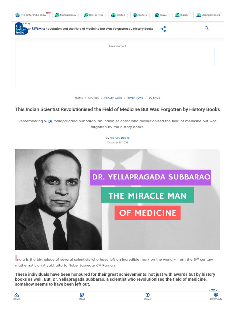 Dr. Yellapragada Subbarao Revolutionised The Field of Medicine | PDF
