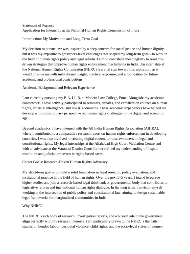NHRC Internship Statement of Purpose | PDF | Human Rights