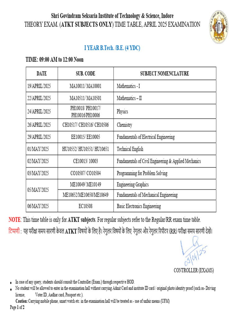 ATKT Exam Time Table April 2025 | PDF | Engineering