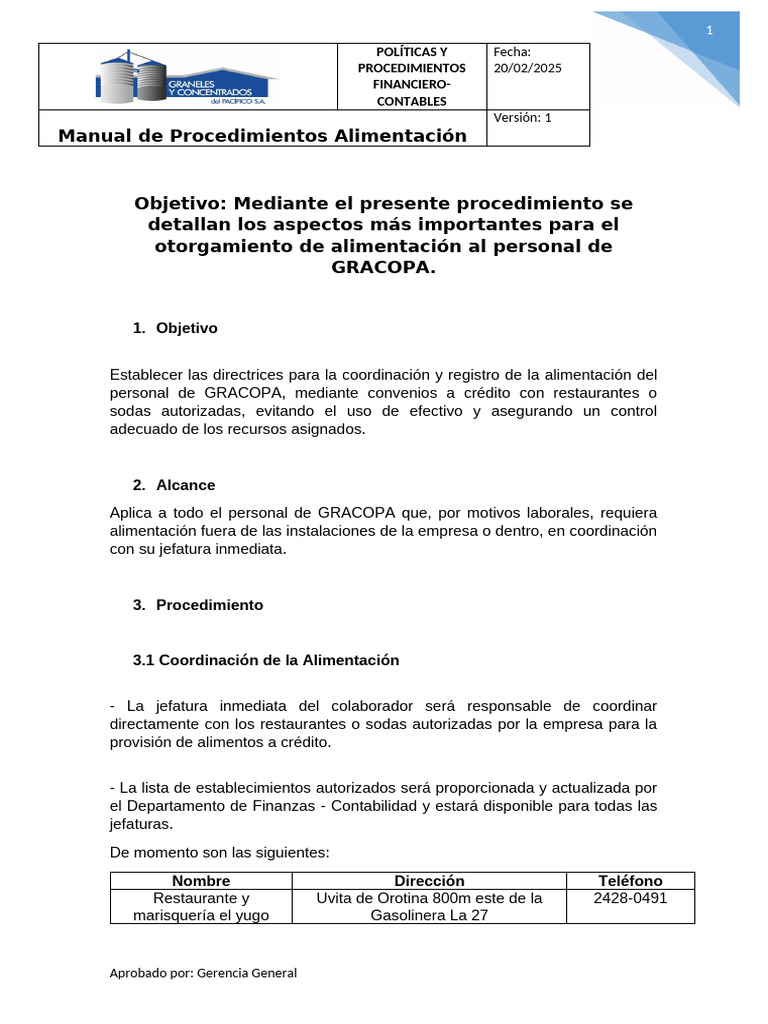 Procedimiento de Alimentación GRACOPA | PDF | Contabilidad