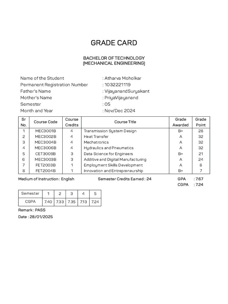 Btech Mech Sem 5 Sem Grade Card 1 1744898176174 STD | PDF