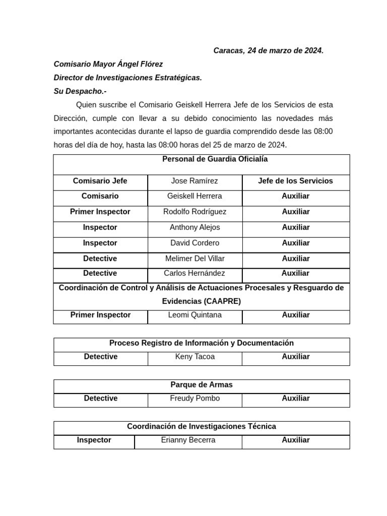 Novedades de Guardia del SEBIN Caracas | PDF | Gobierno | Justicia