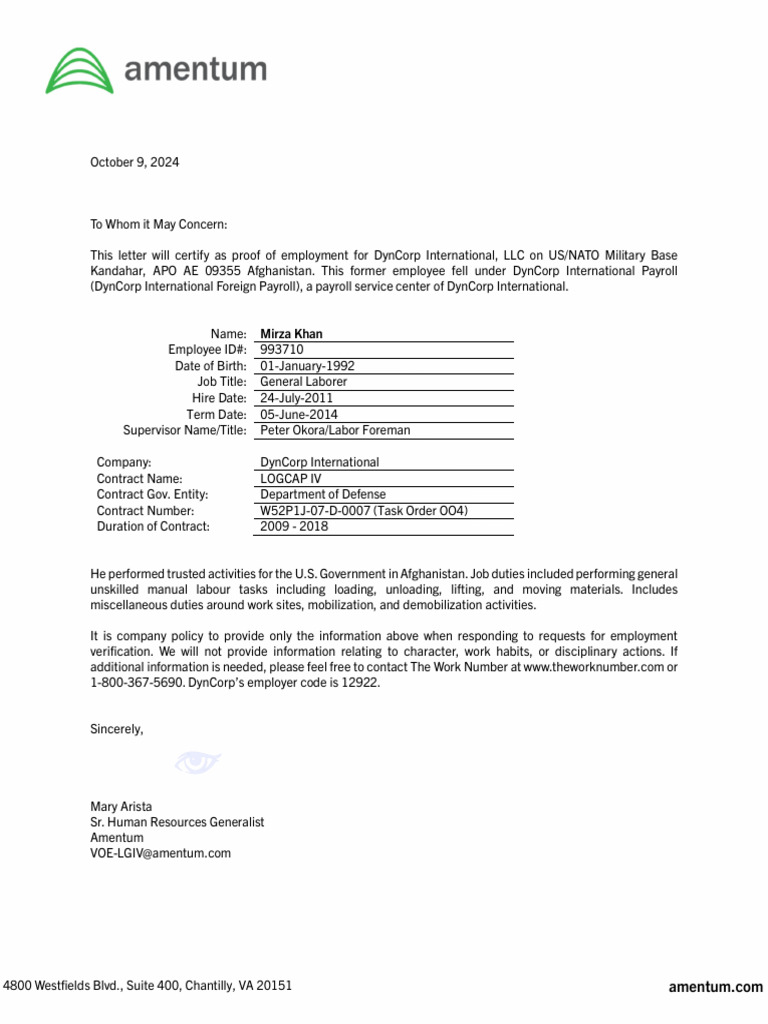DIFP VOE Letter - Khan, Mirza (993710) | PDF | Employment | Labor