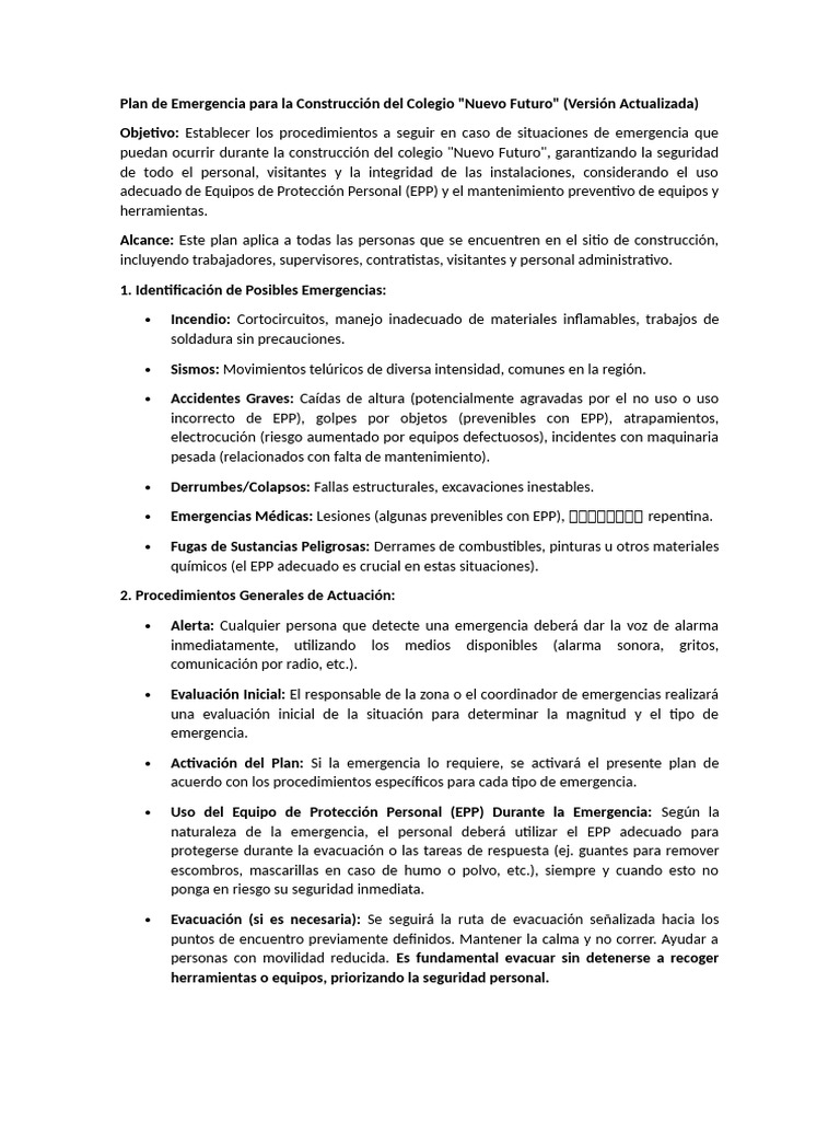Plan de Emergencia en Construcción Escolar | PDF | Primeros auxilios ...