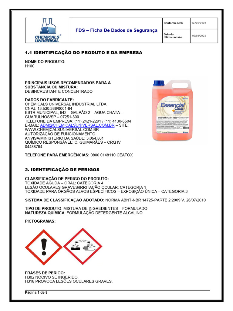 Ficha de Dados de Segurança H100 | PDF | Química | Vapor