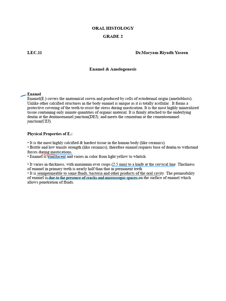 Oral Histo Lec. 4 Enamel | PDF | Tooth Enamel | Human Tooth