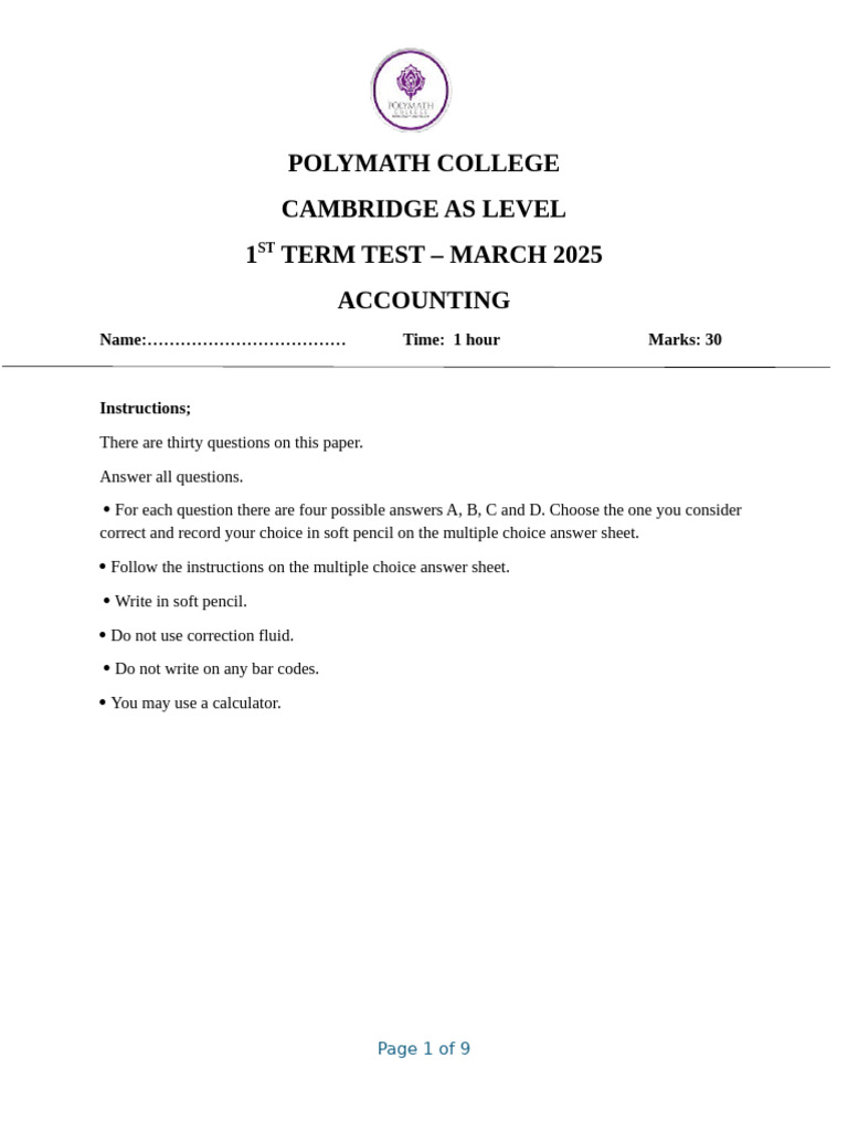 AS Level Accounting Test March 2025 | PDF | Debits And Credits ...