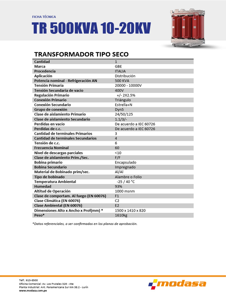 Ficha Tecnica - TR 500kva 10-20kv | PDF | Transformador | Ingeniería de