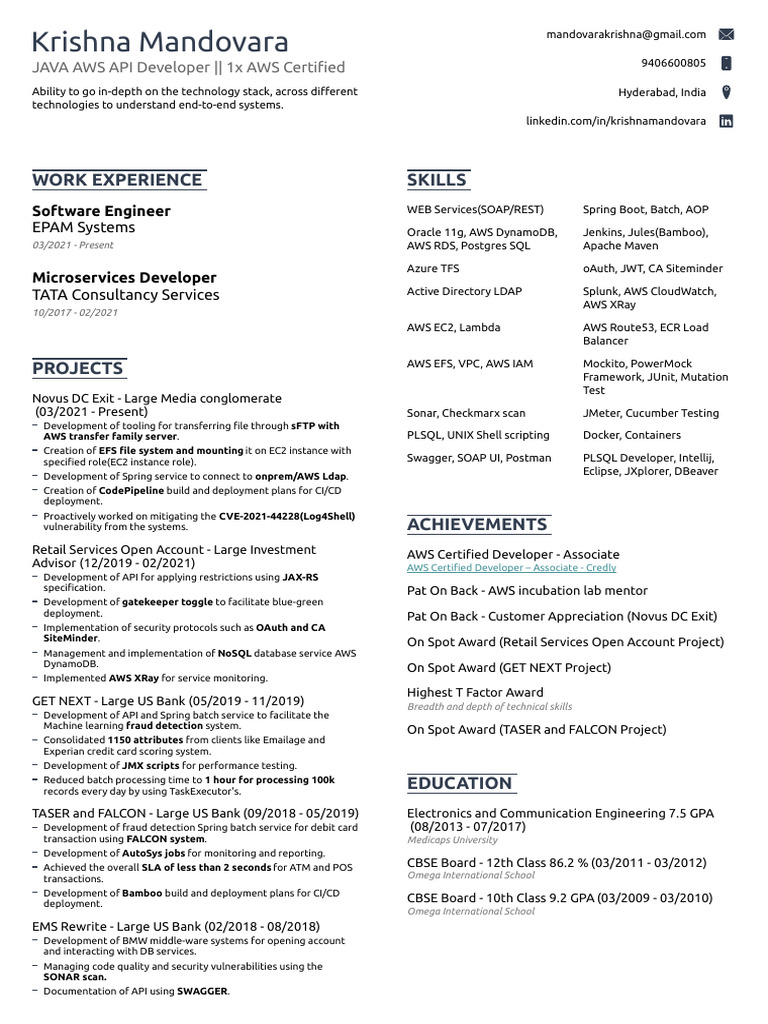 AWS Certified Java Developer Resume | PDF | Amazon Web Services ...
