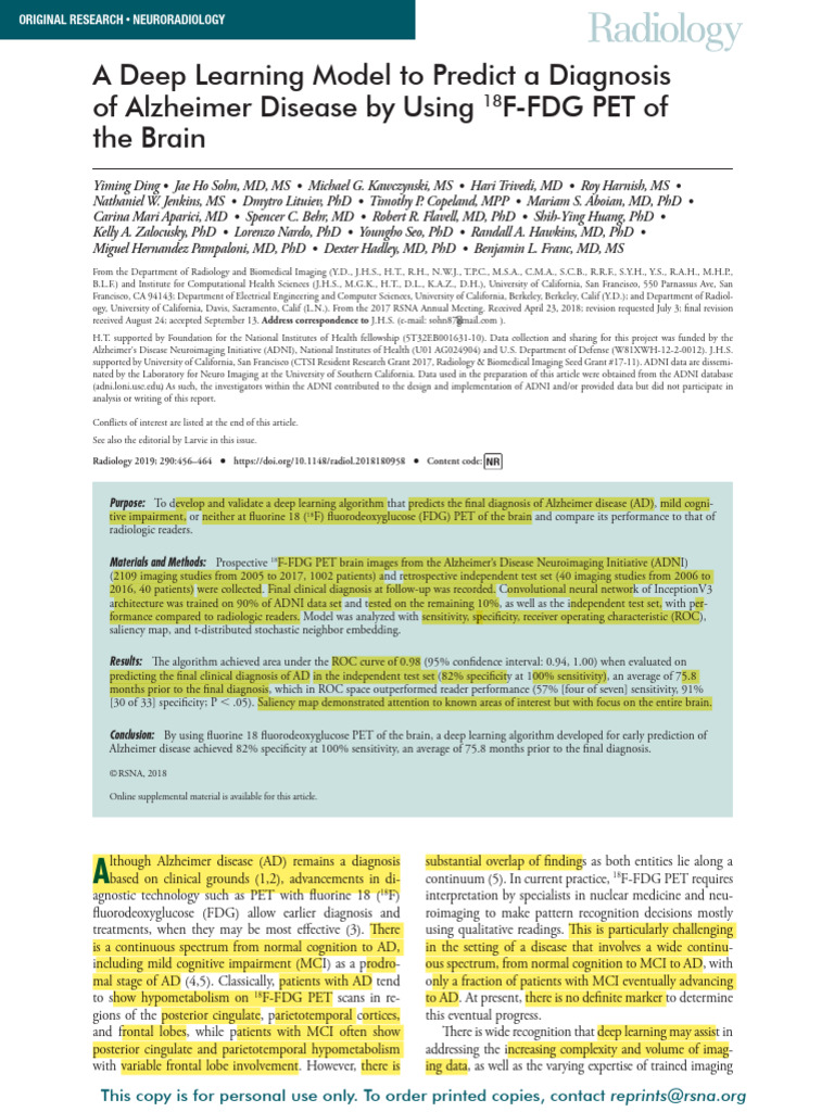Deep Learning for Alzheimer's Diagnosis | PDF | Receiver Operating ...