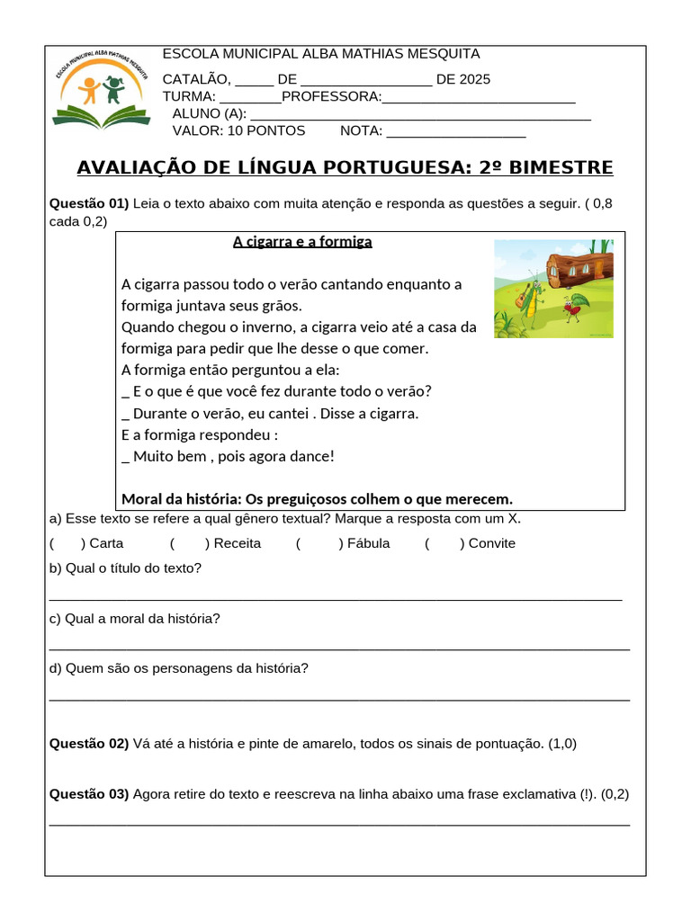 Prova de Língua Portuguesa 2° Bimestre 2025 | PDF