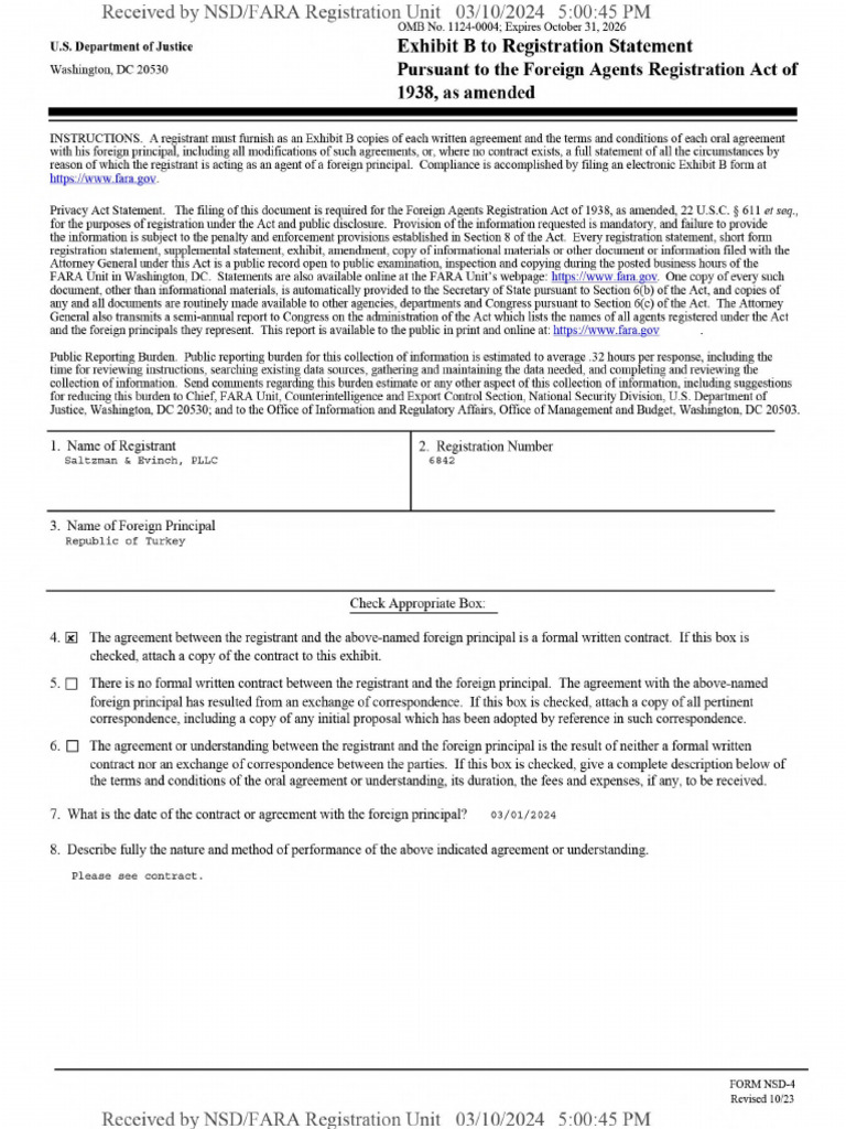FARA Registration Exhibit B: Turkey Agent | PDF | Diplomatic Mission ...