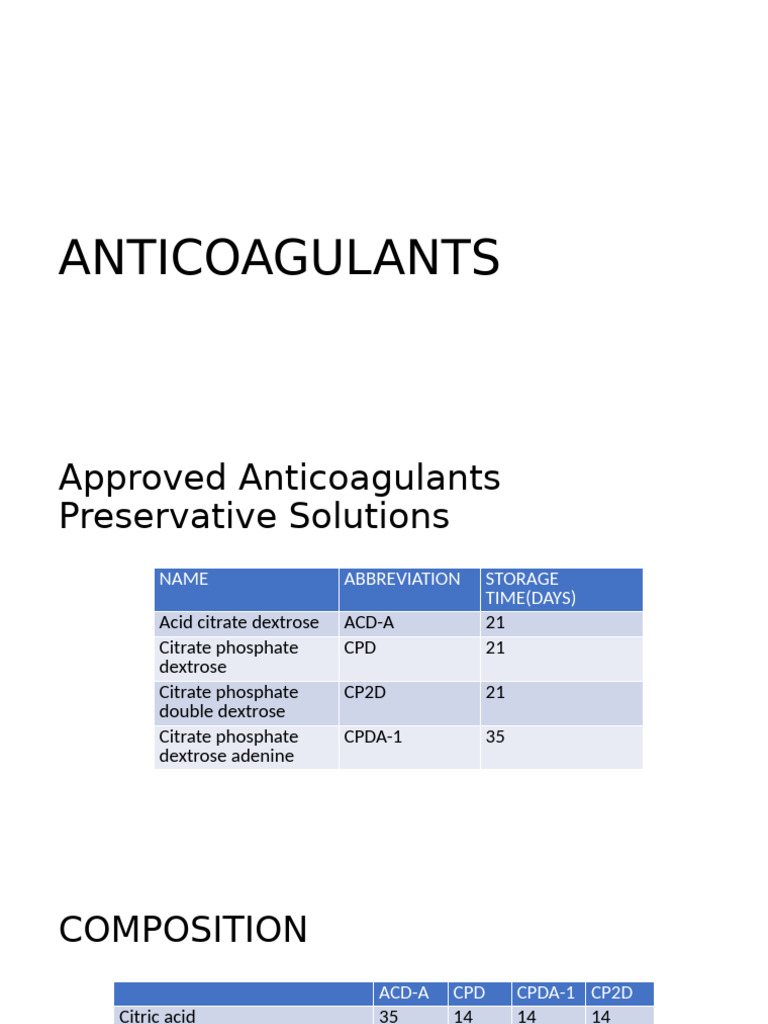 Anticoagulants and Additive Solutions Guide | PDF | Glucose | Red Blood ...
