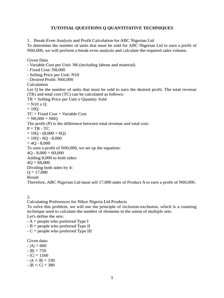 Answes To TUTOTIAL QUESTIONS Q QUANTITATIVE TECHNIQUES | PDF | Linear ...
