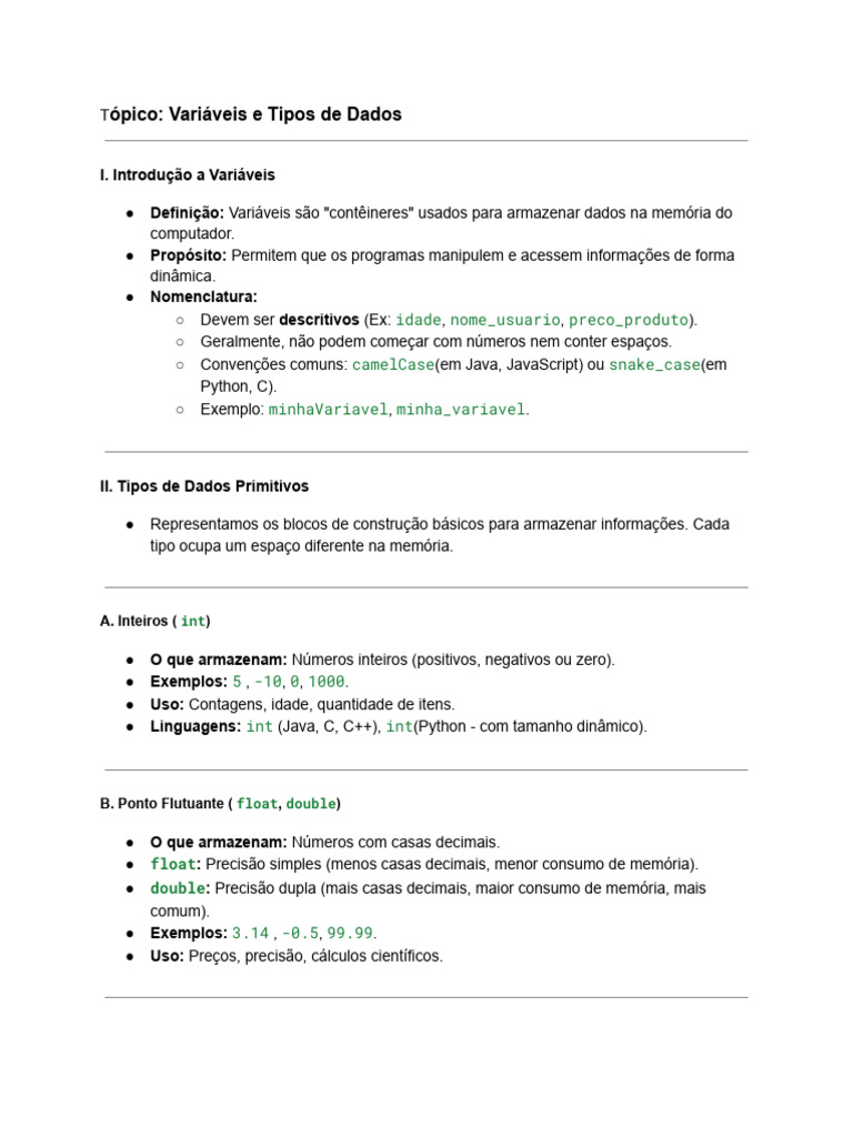 Variáveis e Tipos de Dados em Programação | PDF | Tipo de dados ...