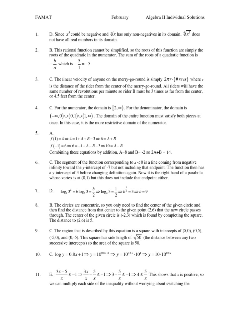 Algebra II Solutions - February FAMAT | PDF | Function (Mathematics ...
