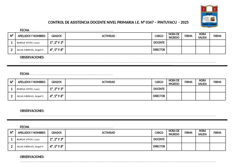 Control Asistencia Docente Primaria 2025 | PDF