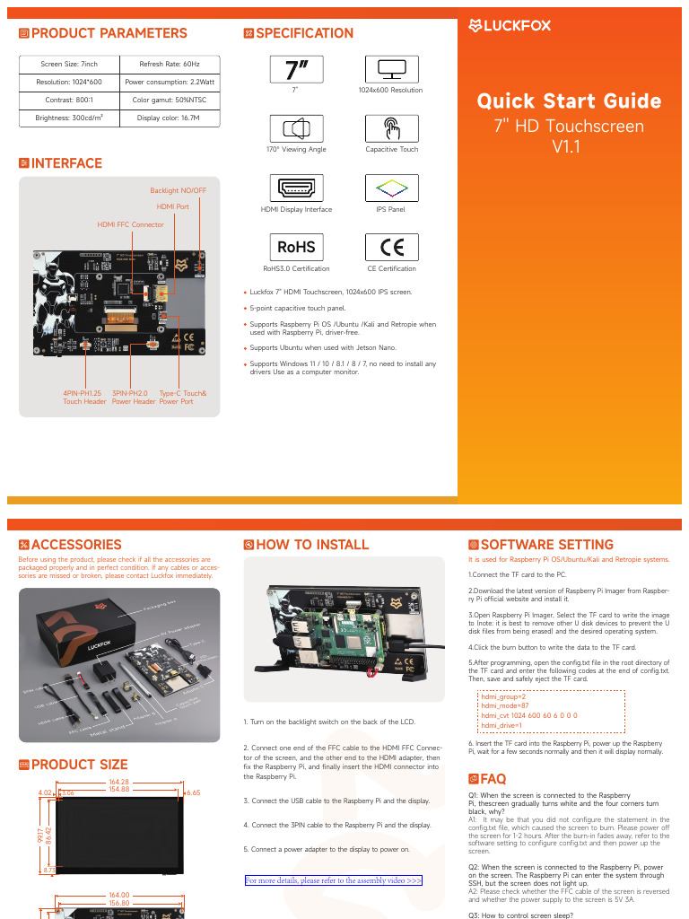 LUCKFOX 7'' HDMI Touchscreen User Manual (With Assembly Video) | PDF ...