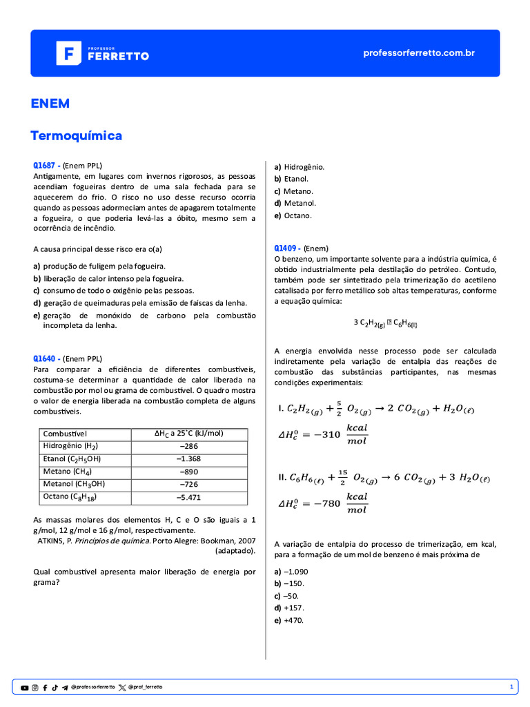 Questões de Termoquímica no ENEM | PDF | Combustão | Reações químicas