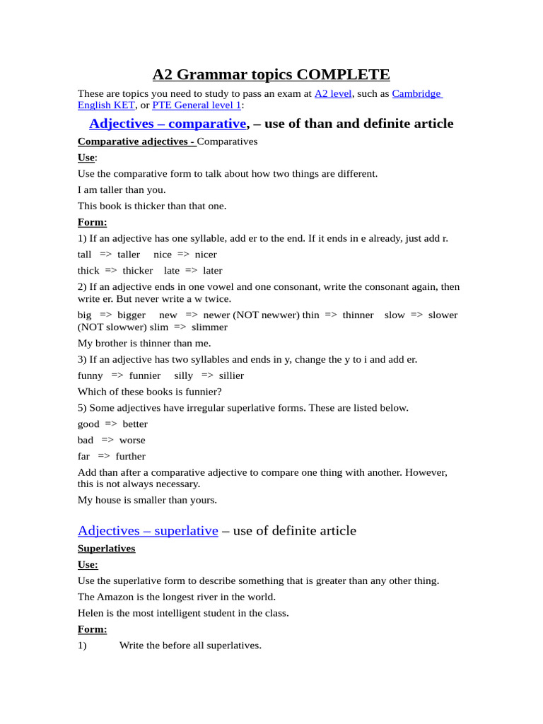 A2 Grammar Topics COMPLETE | PDF | Adverb | Verb