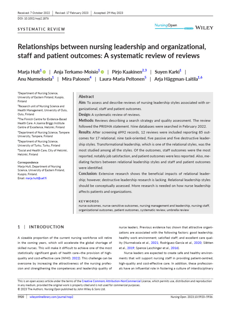 Relationships Between Nursing Leadership and Organizational Staff and ...