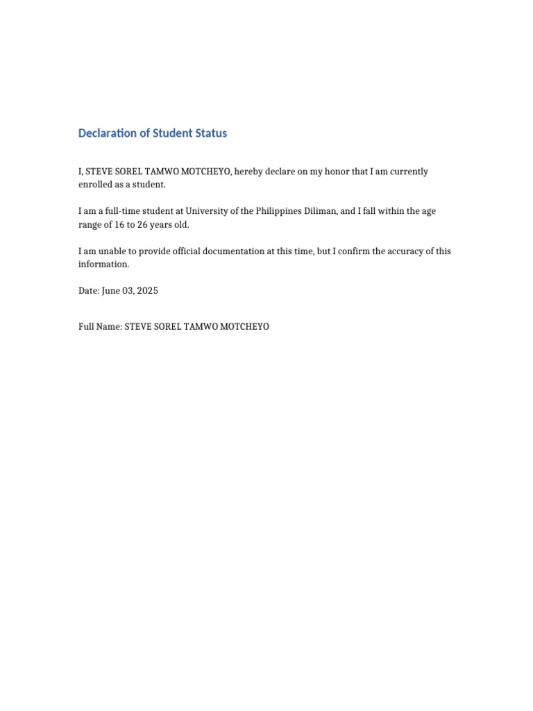 Student Declaration Steve Tamwo | PDF