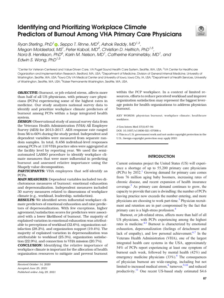Workplace Climate and PCP Burnout Factors | PDF | Occupational Burnout ...