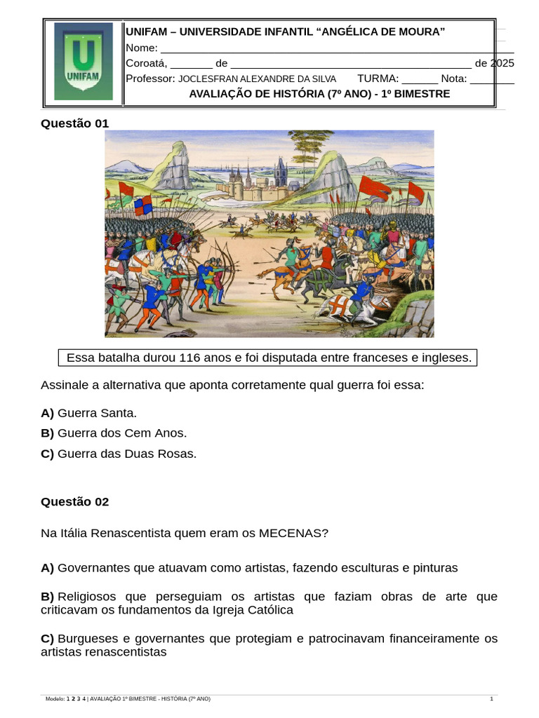 Avaliação de História 7º Ano - 1º Bimestre | PDF