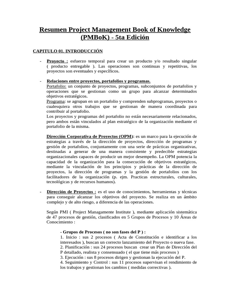 Resumen PMBoK 5ta Edición: Gestión de Proyectos | PDF | Gestión de ...