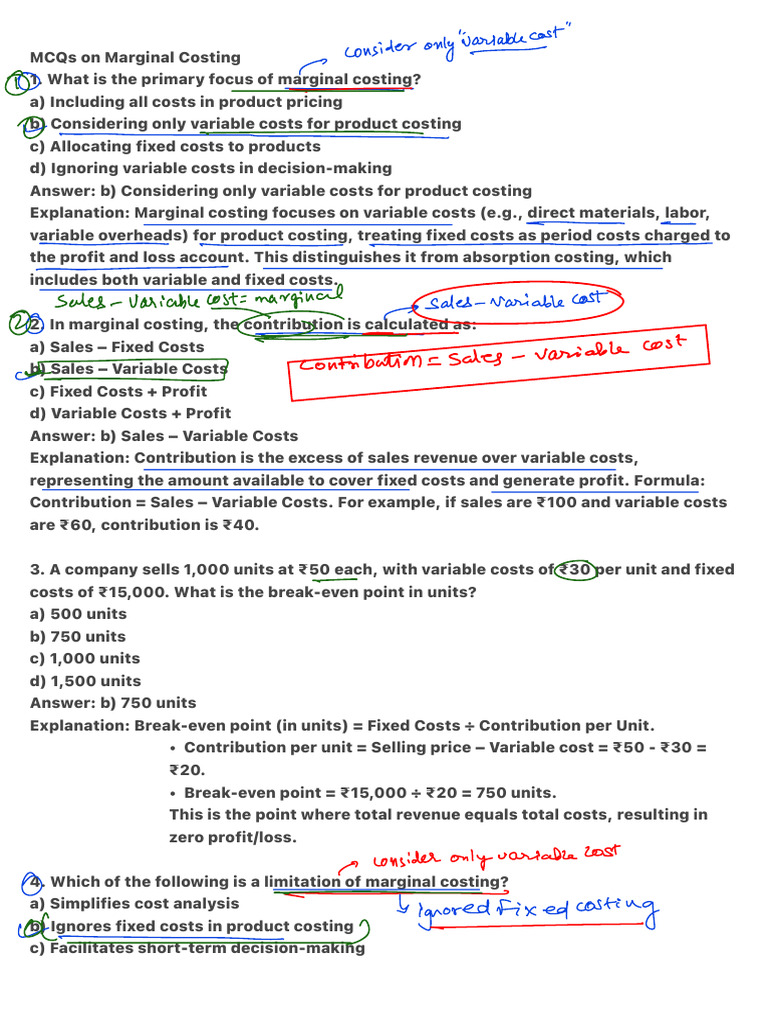 Marginal Costing MCQs and Answers | PDF | Inventory | Cost Of Goods Sold
