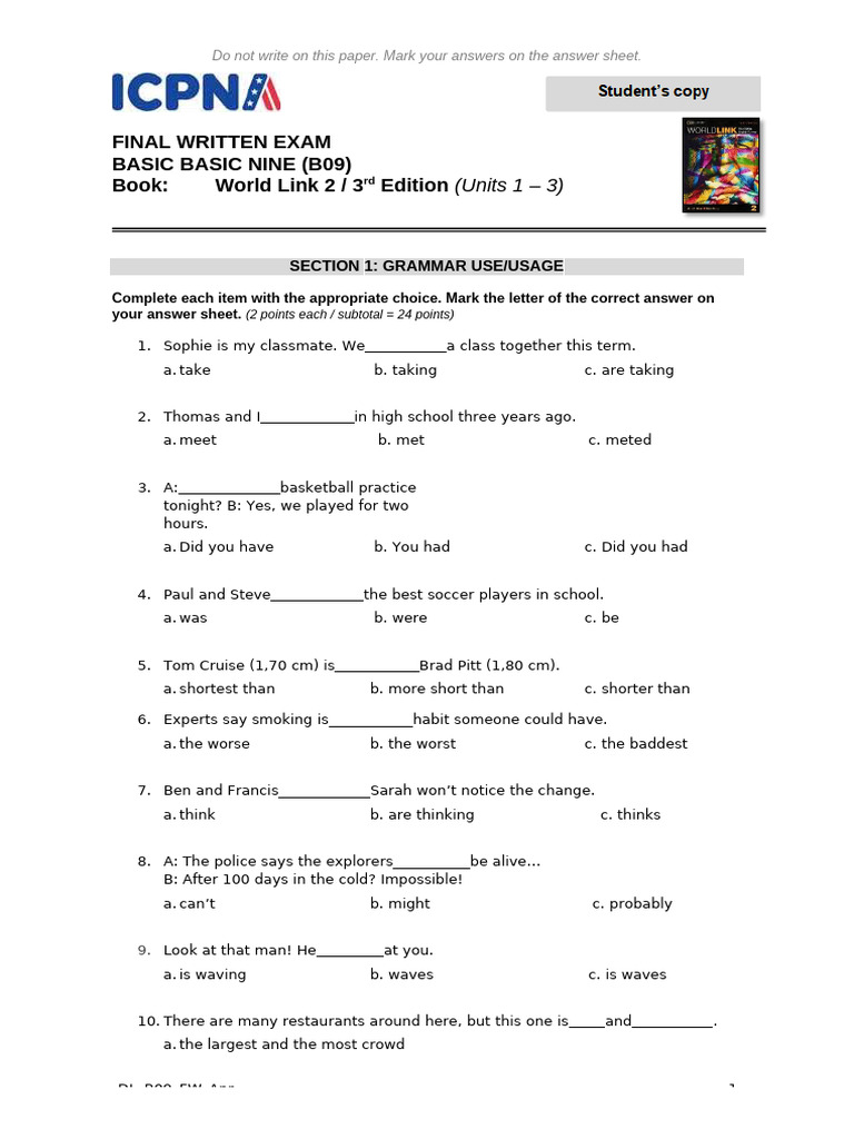 Basic Nine Final Exam: Grammar & Vocabulary | PDF