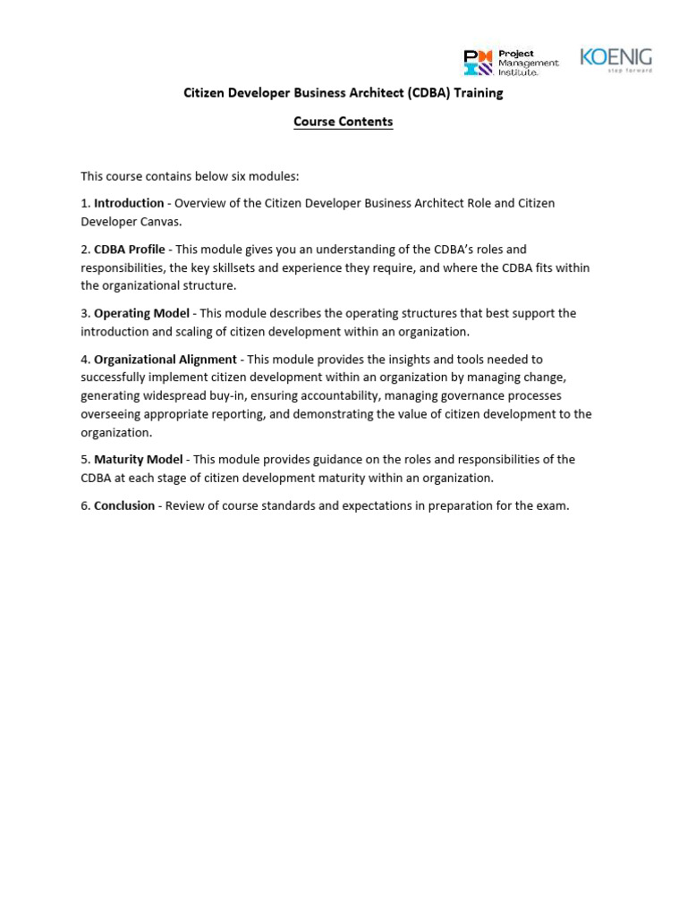 Citizen Developer Business Architect (CDBA) Training Course Contents | PDF