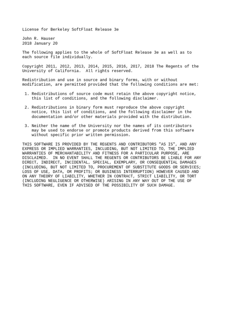 Berkeley SoftFloat License 3e | PDF