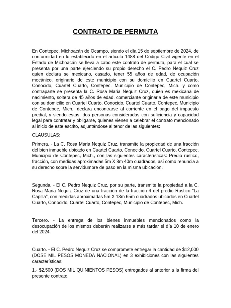 Contrato de Permuta en Michoacán | PDF