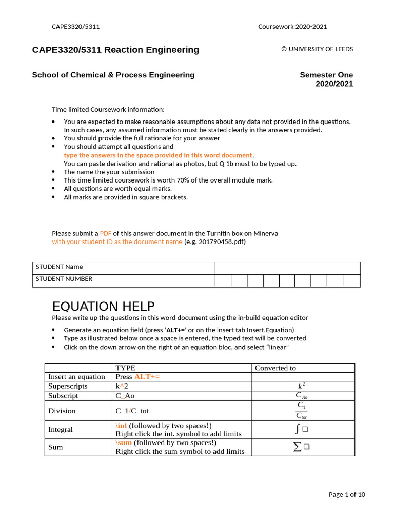 CAPE3320 Reaction Engineering Coursework | PDF | Chemical Reactor ...