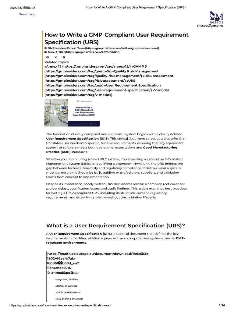 How To Write A GMP-Compliant User Requirement Specification (URS) | PDF