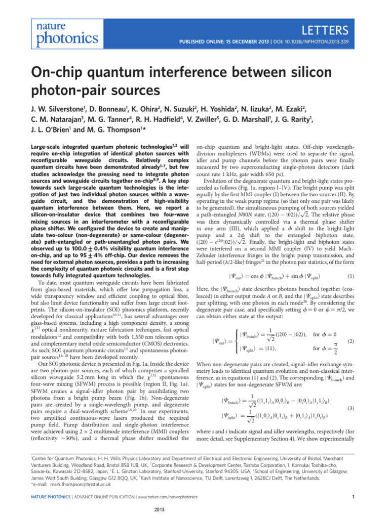 On-Chip Quantum Interference Between Silicon Photon-Pair Sources | PDF ...